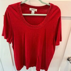 Judith Hart 2X Red Metallic Knit Top Plus Silk Embellished Neck Holiday Sparkle